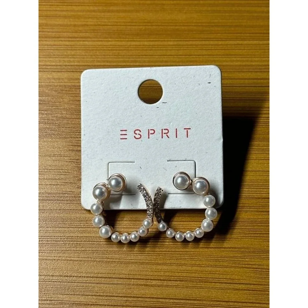ESPRIT Gold Tone Pearl Rhinestone Hoop Earrings Crescent Style Boho New Pair